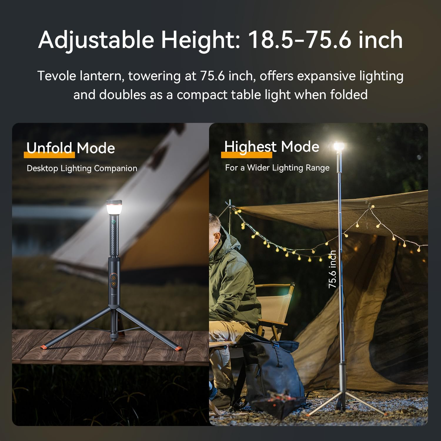 Camping Light Telescopic & Collapsible: 800 Lumens IP65 Waterproof Smart Remote Magnetic Base USB Rechargeable Battery Adjustable Height for Outdoor Adventure Hiking Emergency Lighting