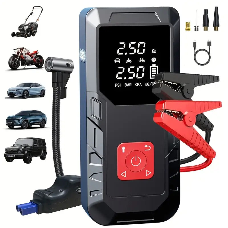 5-in-1 Portable Starter with Air Compressor - 5000A Peak Power, 150PSI Digital Tire Inflator, USB Charging with LED Emergency Lighting, Auto Shutoff Function for Gasoline/Diesel Vehicles