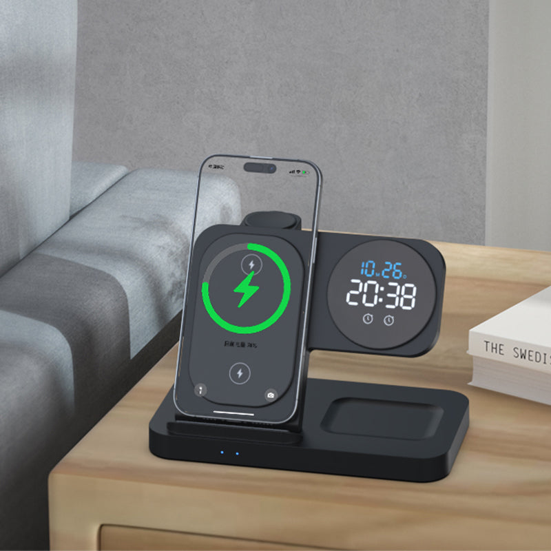 4 in 1 Wireless Charger with Alarm Clock Compatible for Galaxy Watch 8/7/Ultra/FE/6 Pro Galaxy S25/Ultra/S25+/S24/S23/Note 20/Z Flip 7/6/5 Fold 6 Galaxy Buds 3/2/Pro Multiple Devices Charging Station