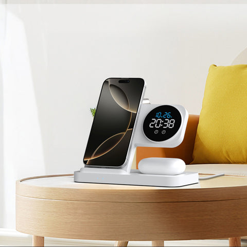 4 in 1 Wireless Charger with Alarm Clock Compatible for Galaxy Watch 8/7/Ultra/FE/6 Pro Galaxy S25/Ultra/S25+/S24/S23/Note 20/Z Flip 7/6/5 Fold 6 Galaxy Buds 3/2/Pro Multiple Devices Charging Station
