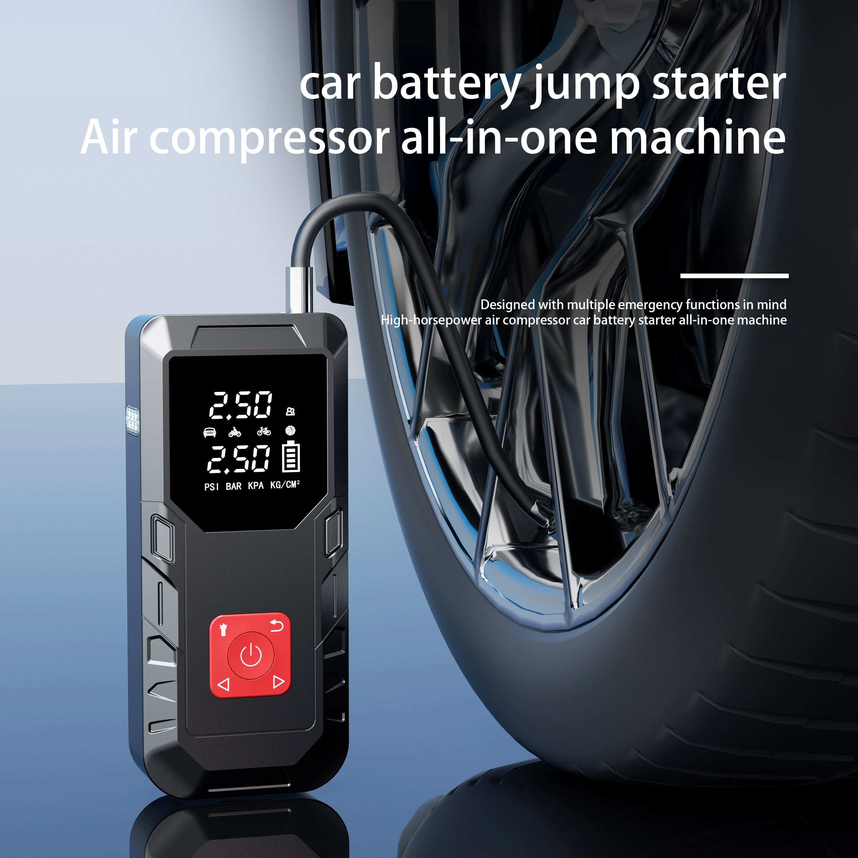 5-in-1 Portable Starter with Air Compressor - 5000A Peak Power, 150PSI Digital Tire Inflator, USB Charging with LED Emergency Lighting, Auto Shutoff Function for Gasoline/Diesel Vehicles